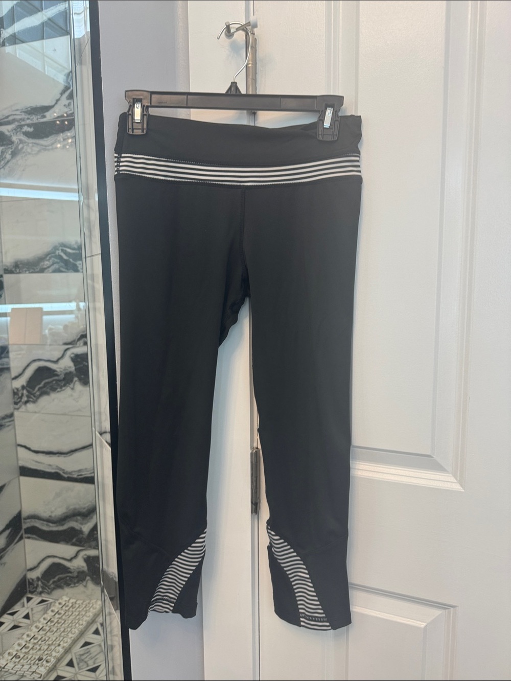Saks Fifth Avenue Black Capri Leggings with White Stripe Waistband and Hem